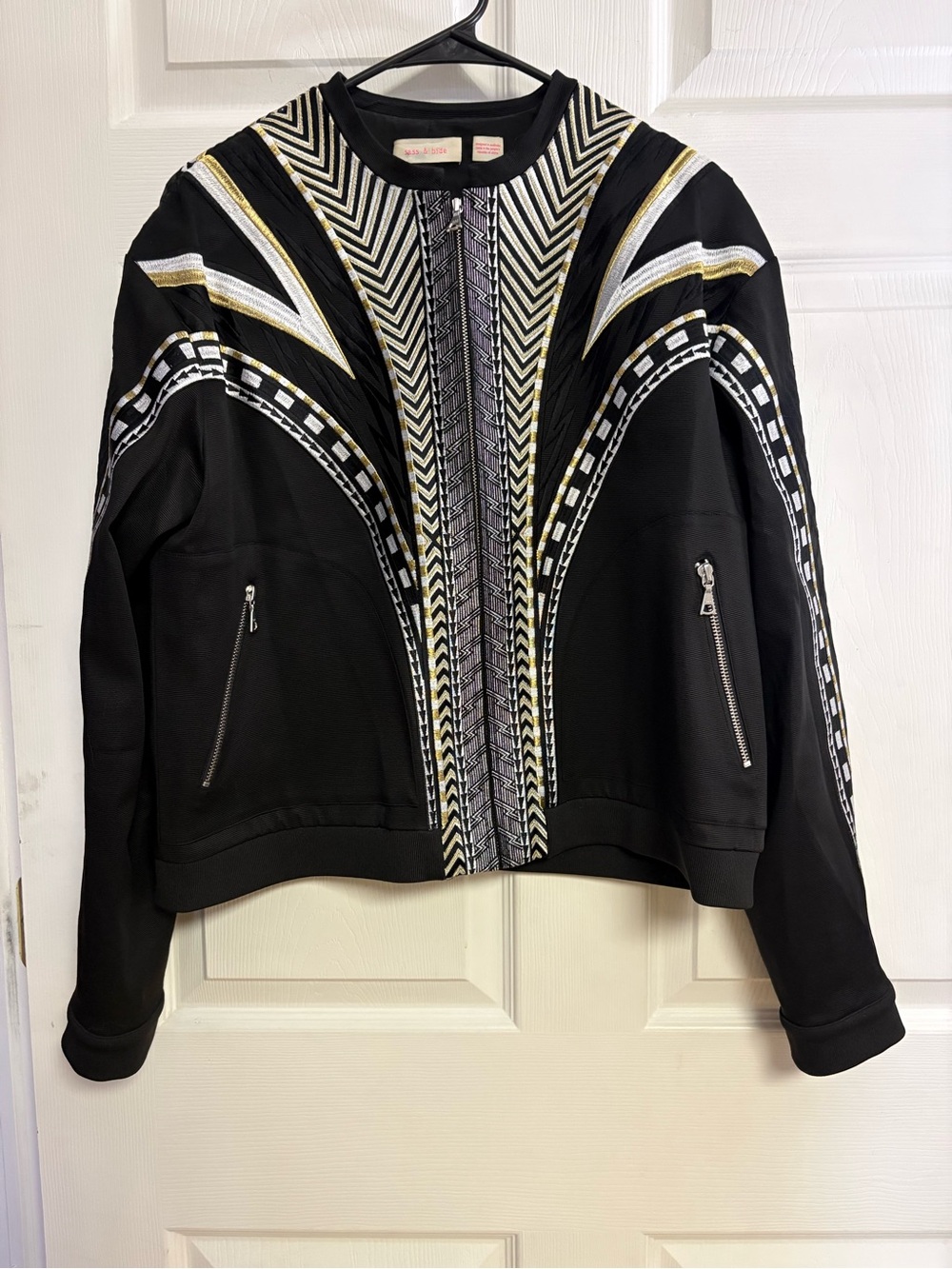 sass & bide Black Bomber Jacket with Metallic Gold & Silver Embroidery